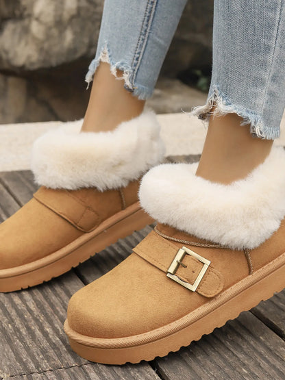 Fur-Lined Buckle Winter Ankle Boots Camel