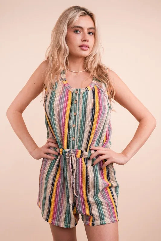 VERY J Crochet Multi Color Striped Casual Summer Romper Natural Mix