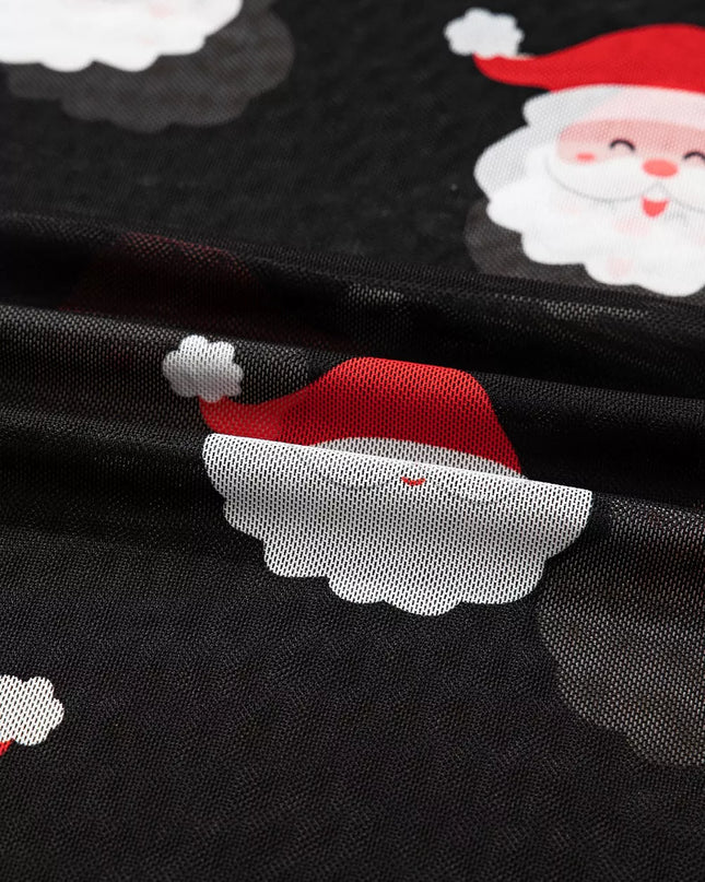 Christmas Santa Print Mesh Long Sleeve Top