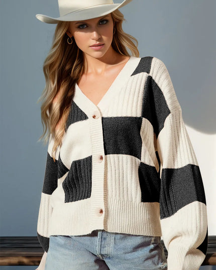 Double Take Full Size Checkered Dropped Shoulder Cardigan Black