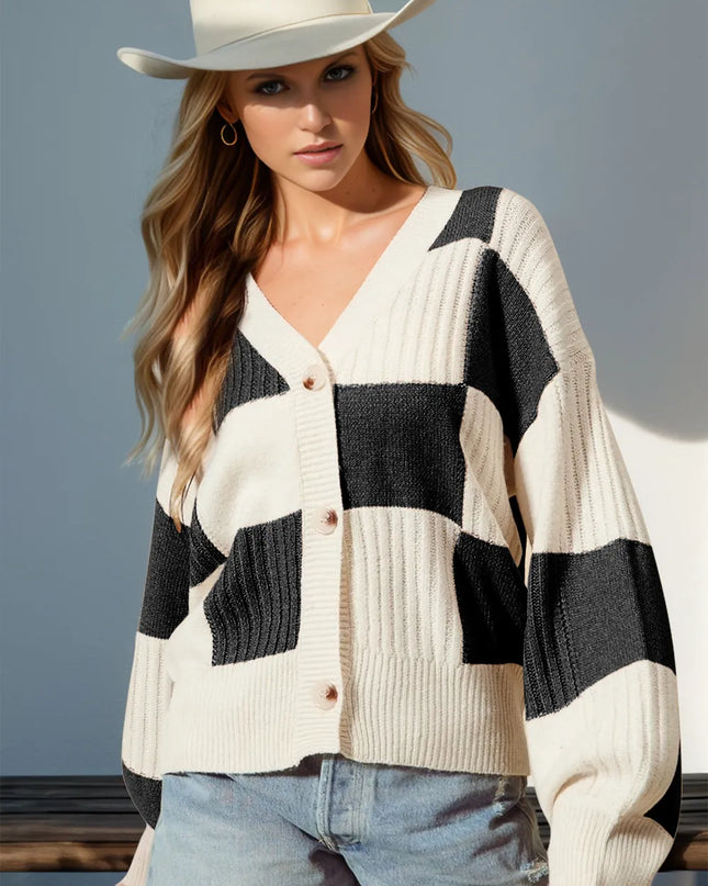 Double Take Full Size Checkered Dropped Shoulder Cardigan Black