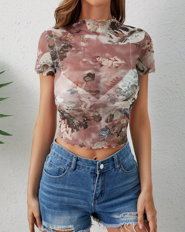 Abstract Print Ruffled Mock Neck Crop T-Shirt