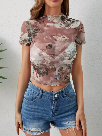 Abstract Print Ruffled Mock Neck Crop T-Shirt