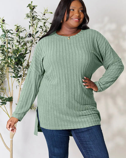 Basic Bae Full Size Ribbed Round Neck Long Sleeve Slit Top Light Green