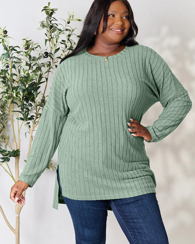 Basic Bae Full Size Ribbed Round Neck Long Sleeve Slit Top Light Green