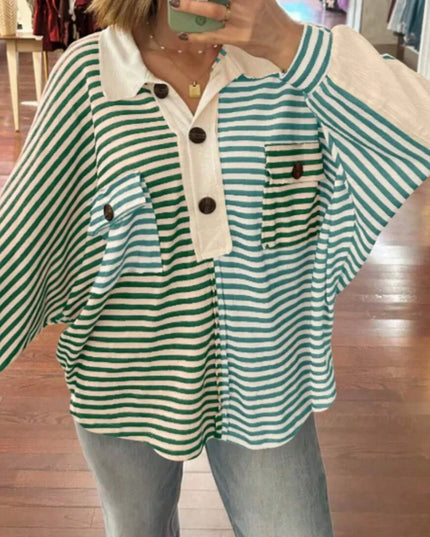 Striped Button Front Casual Top Double Spell Green