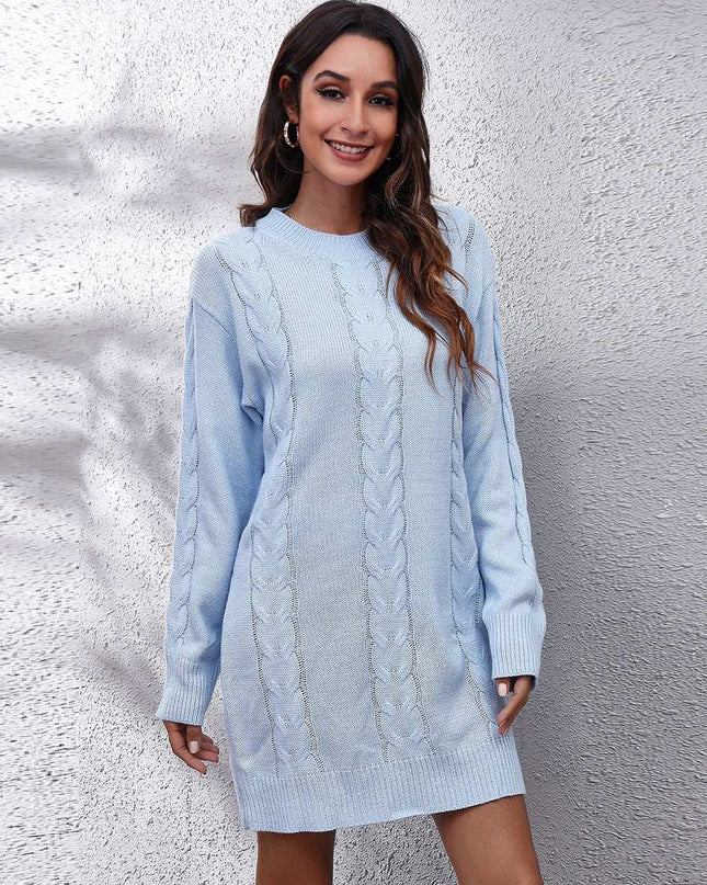 Cable-Knit Round Neck Sweater Dress Misty Blue