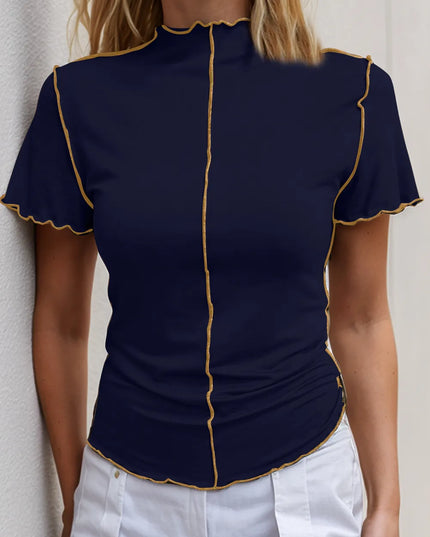 Basic Bae Contrast Trim Mock Neck Short Sleeve T-Shirt Dark Navy