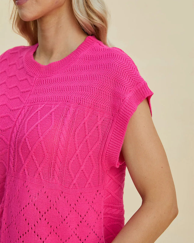 Double Take Full Size Cable-Knit Round Neck Cap Sleeve Sweater