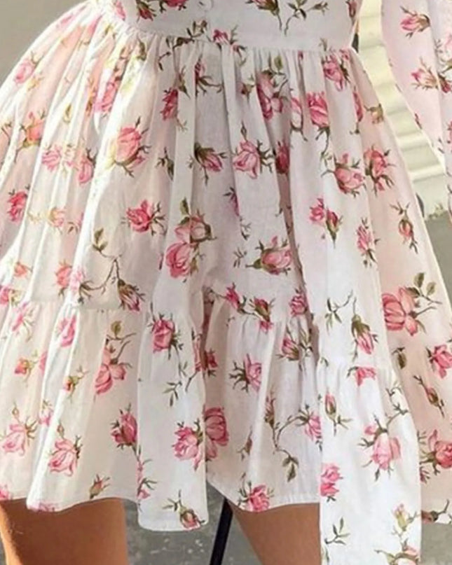 Full Size Floral V-Neck Long Sleeve Mini Dress Plus Size