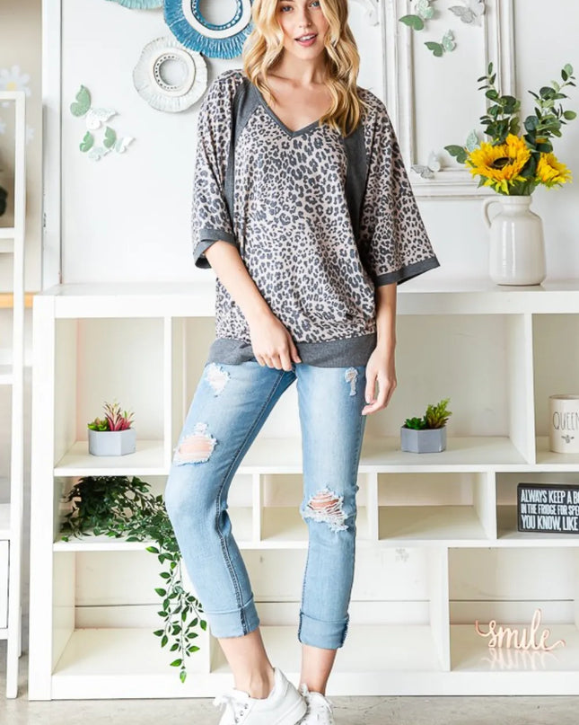 Heimish Full Size Leopard Contrast V-Neck Half Sleeve T-Shirt