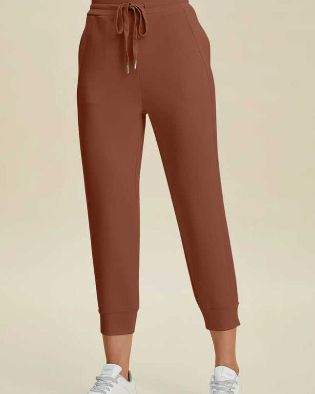 Basic Bae Full Size Air Scuba Drawstring High Waist Cropped Pants Caramel