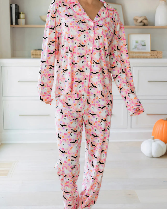 Halloween Ghost Print Button Up Top and Pants Lounge Set Dusty Pink