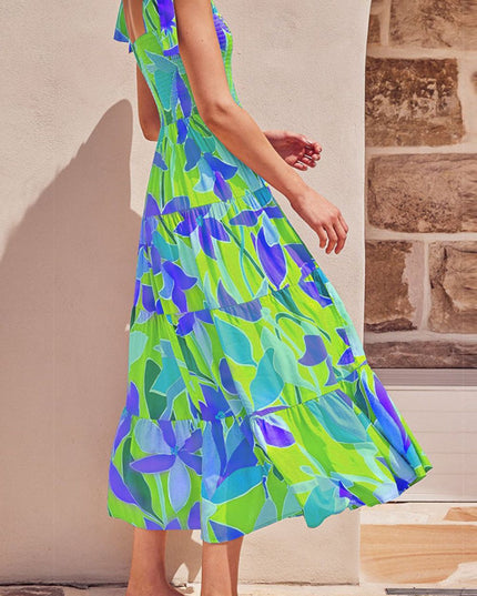 Floral Tie-Shoulder Smocked Midi Dress