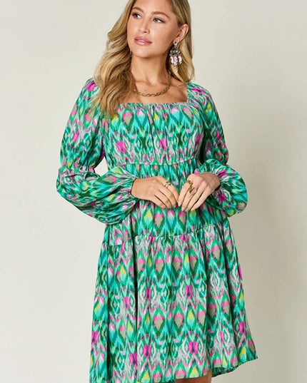Double Take Full Size Printed Long Sleeve Dress Green