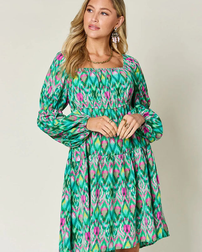 Double Take Full Size Printed Long Sleeve Dress Green