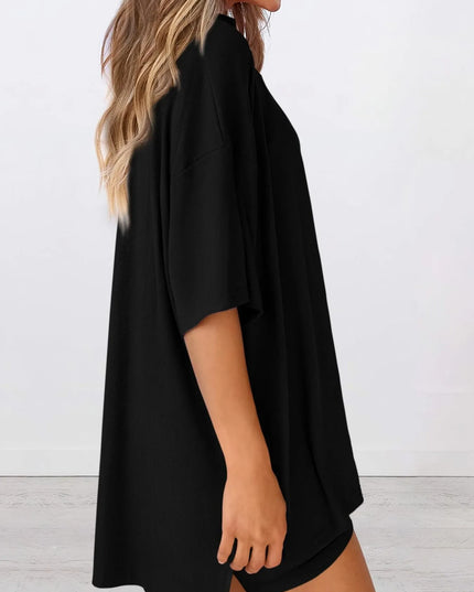 Full Size Oversized Slit Round Neck Top and Shorts Lounge Set Plus Size 