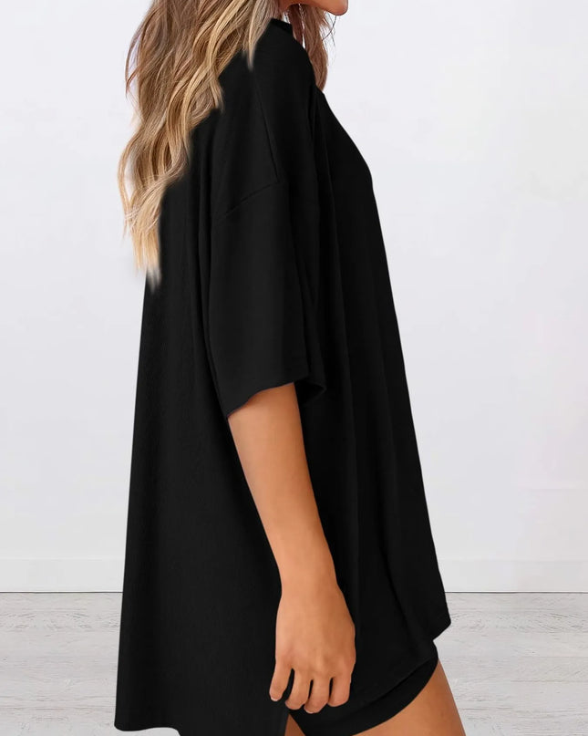 Full Size Oversized Slit Round Neck Top and Shorts Lounge Set Plus Size 