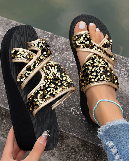 Sequin Platform Wedge Sandals 
