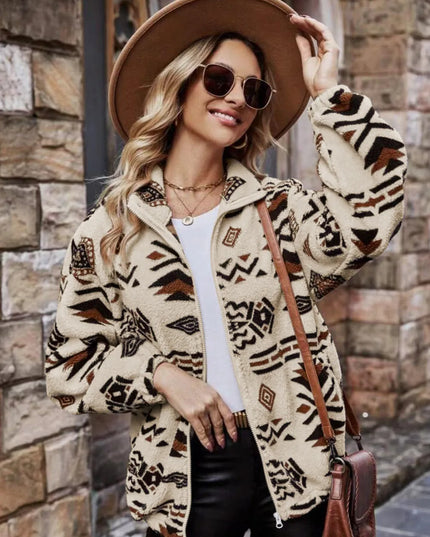 Geometric Zip Up Long Sleeve Outerwear