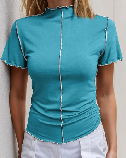 Basic Bae Contrast Trim Mock Neck Short Sleeve T-Shirt Pastel Blue