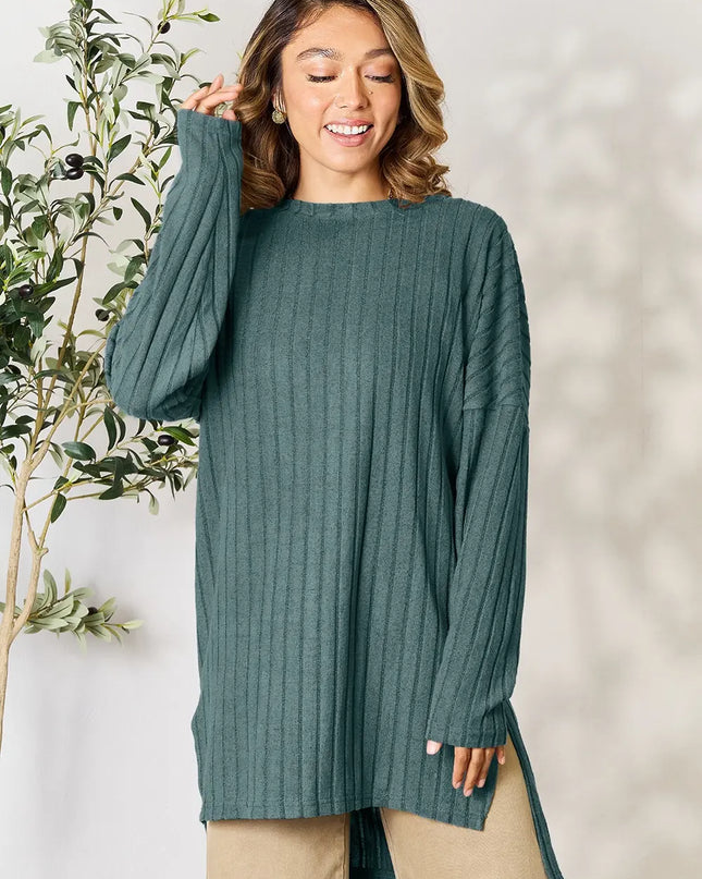 Basic Bae Full Size Ribbed Round Neck Long Sleeve Slit Top