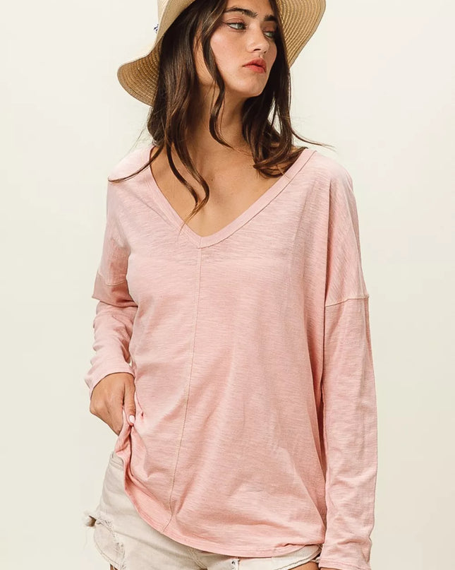 BiBi Exposed Seam V-Neck Long Sleeve T-Shirt