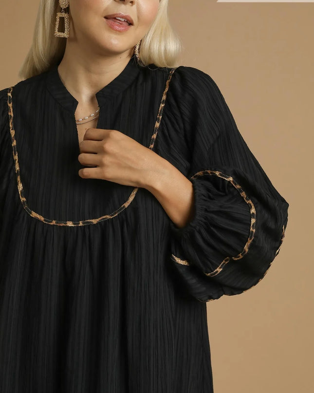 Umgee Full Size Textured Babydoll Dress with Leopard Trim Plus Size