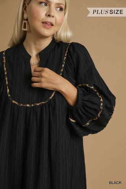 Umgee Full Size Textured Babydoll Dress with Leopard Trim Plus Size