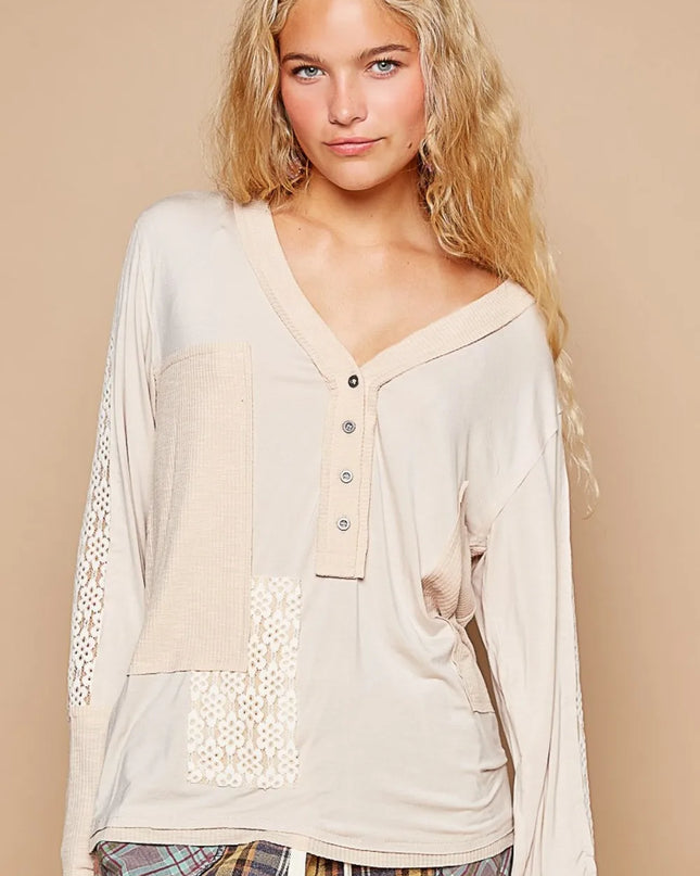 POL V-Neck Long Sleeve Floral Contrast Top Oatmeal