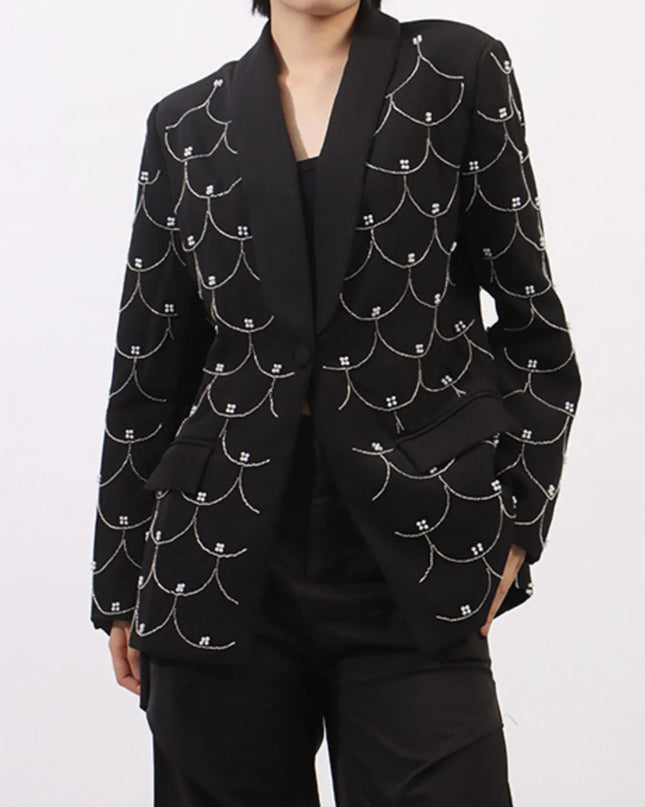 Pearl Detail Long Sleeve Blazer Black