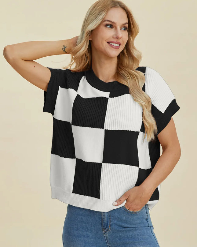 Double Take Full Size Checkered Round Neck Short Sleeve Sweater