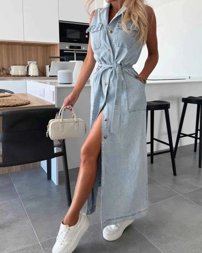 Button Front Sleeveless Denim Dress