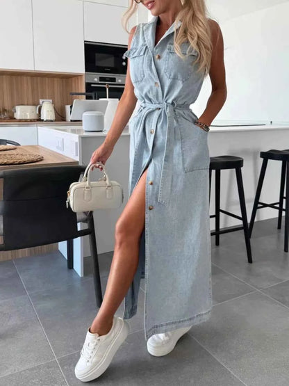 Button Front Sleeveless Denim Dress