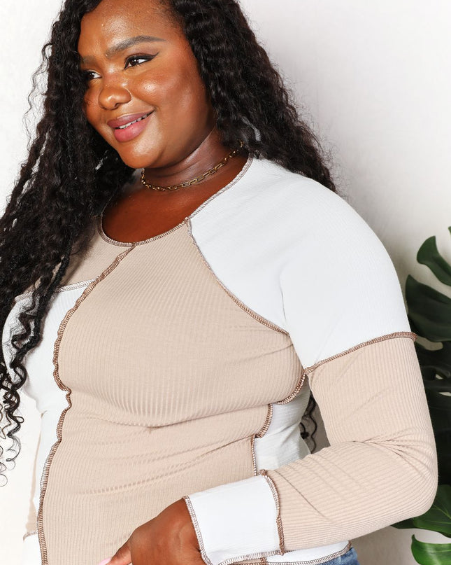 Double Take Color Block Exposed Seam Top