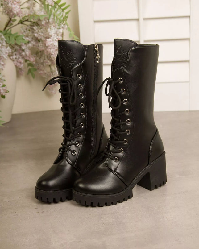 Lace Up Block Heels Boots
