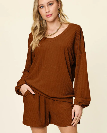 Double Take Full Size Texture V-Neck Long Sleeve T-Shirt and Shorts Set Caramel