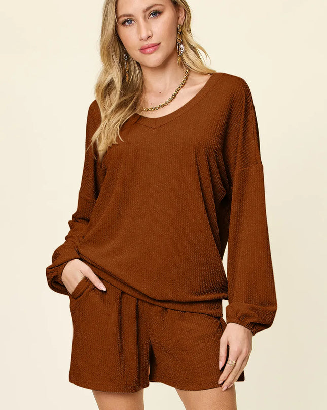 Double Take Full Size Texture V-Neck Long Sleeve T-Shirt and Shorts Set Caramel
