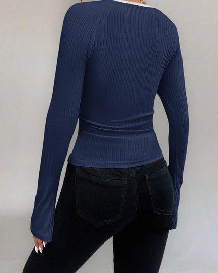 Ribbed Long Sleeve Fitted T-Shirt