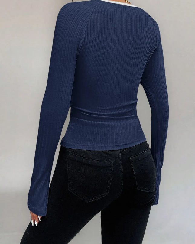 Ribbed Long Sleeve Fitted T-Shirt