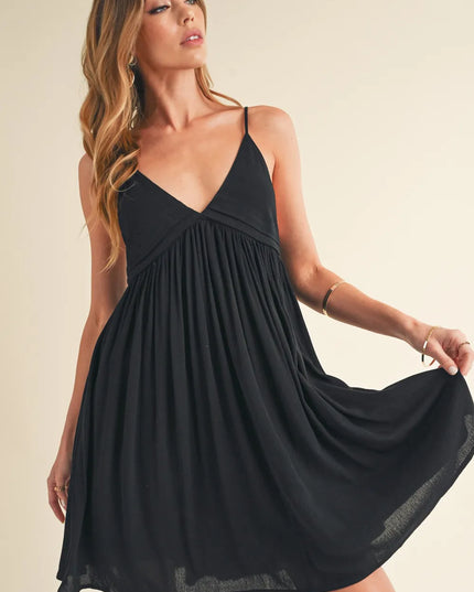 Aemi + Co Ruched Plunge Mini Cami Dress Black