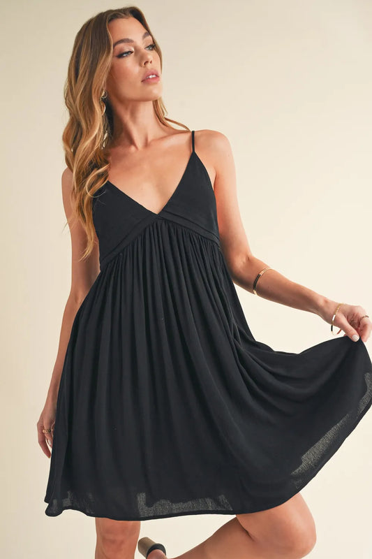 Aemi + Co Ruched Plunge Mini Cami Dress Black