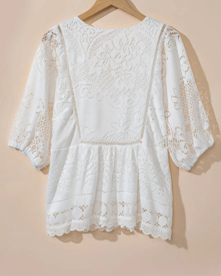 Lace Crochet Hollowed Scallop Hem V Neck Blouse