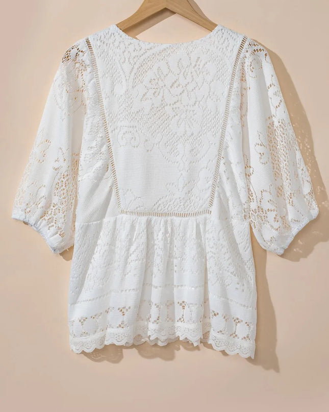 Lace Crochet Hollowed Scallop Hem V Neck Blouse