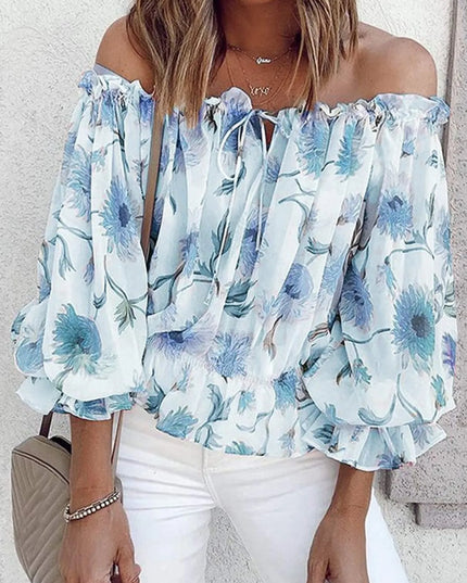 Off-Shoulder Floral Print Blouse Blue