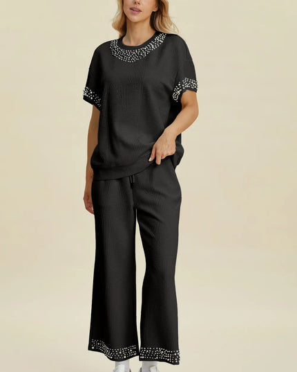 Double Take Full Size Pearl Detail Round Neck Top and Pants Set Black