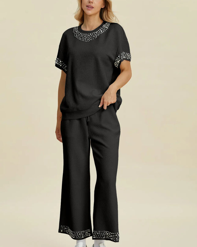 Double Take Full Size Pearl Detail Round Neck Top and Pants Set Black