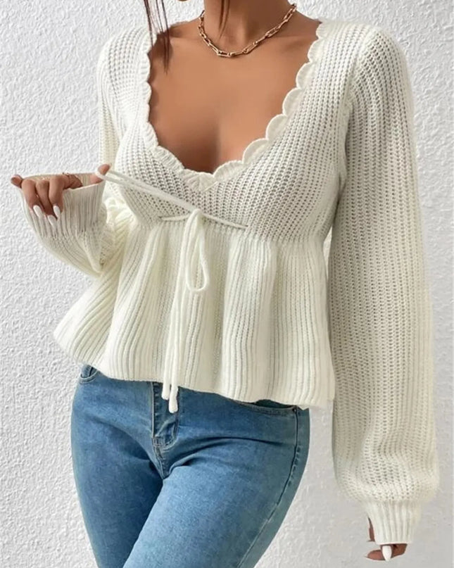 Scalloped V-Neck Drawstring Knit Top