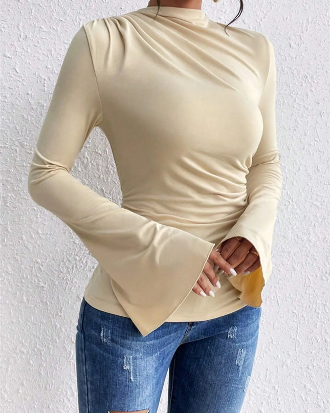 Bell Sleeve Ruched Fitted T-Shirt with Mock Neck