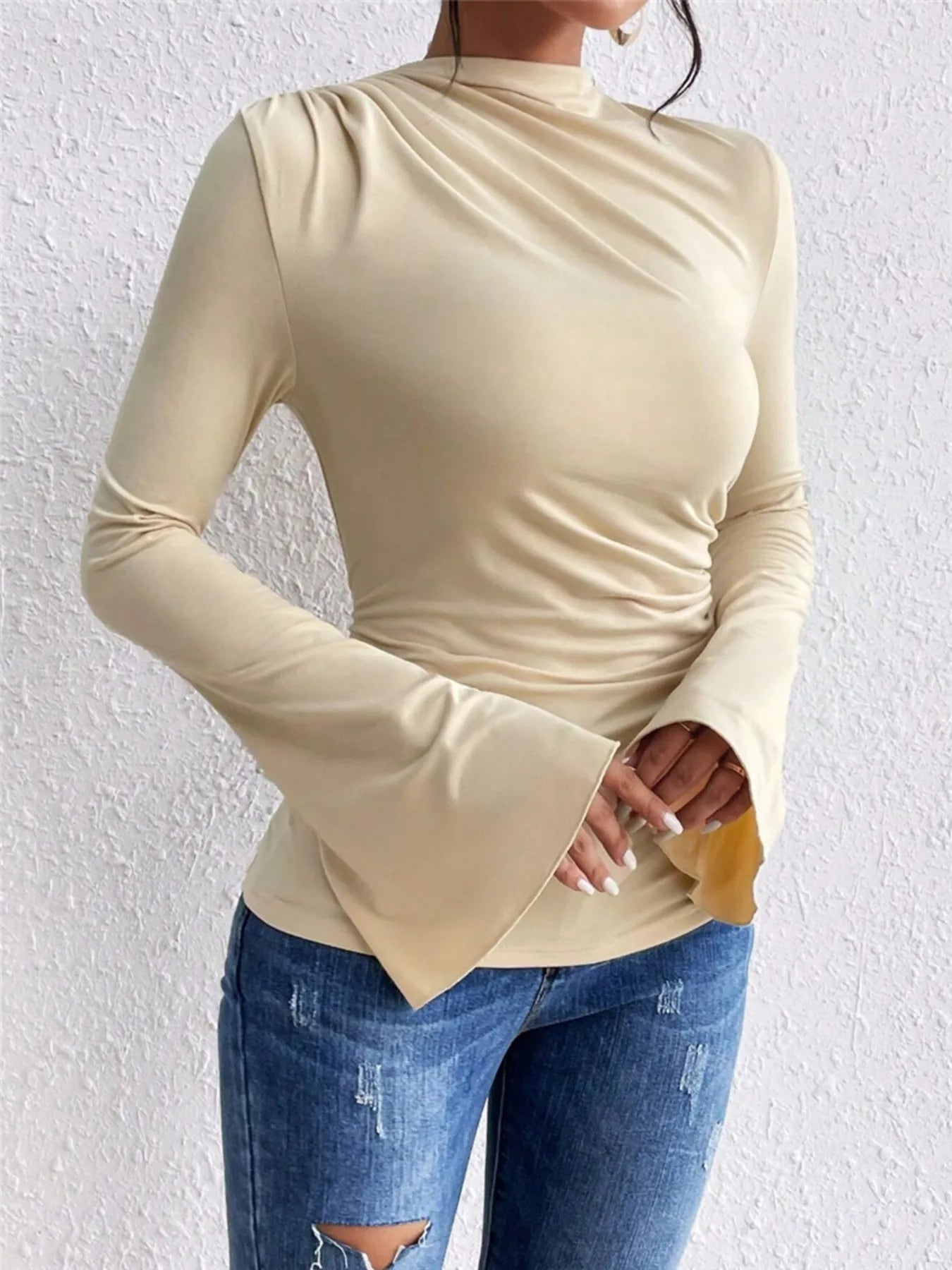 Bell Sleeve Ruched Fitted T-Shirt with Mock Neck